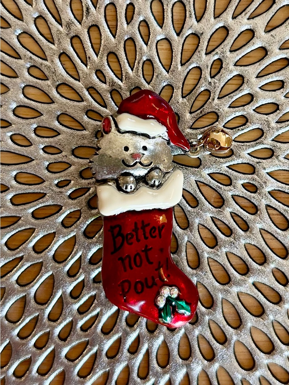 Vintage Cat in a Christmas Stocking, 1980s Enamel Christmas Pin